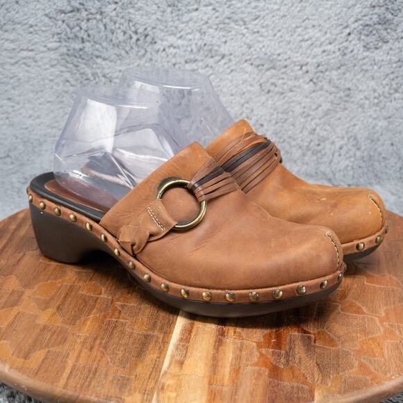 Ecco Leather Studded Slip On Size 7 EU 38 Mules Clogs Chunky Strap Boho Brown - Picture 1 of 7